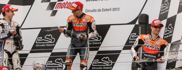 Casey Stoner, Jorge Lorenzo y Dani Pedrosa en el Podio de Estoril